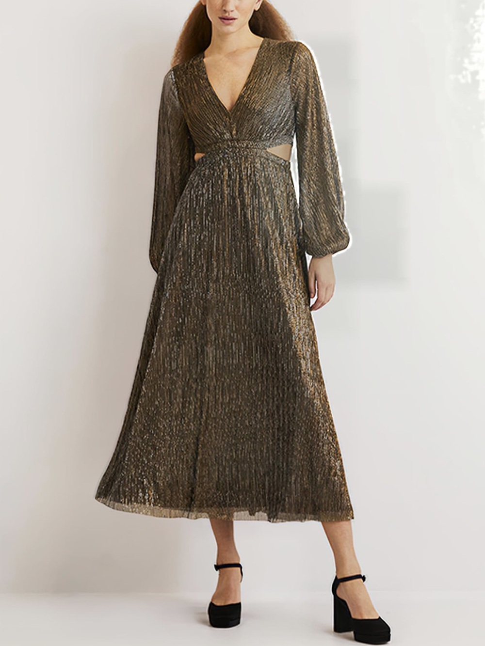 Boden Metallic Pleated‎ Cutout Maxi Dress Wedding Guest Cocktail Party US 10P